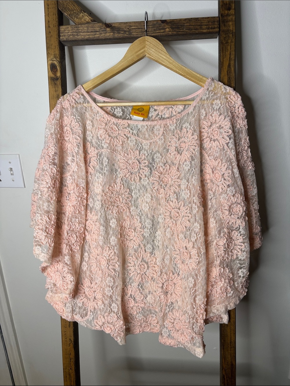 Ruby Rd. Light Pink Floral Lace Poncho Blouse Size L
